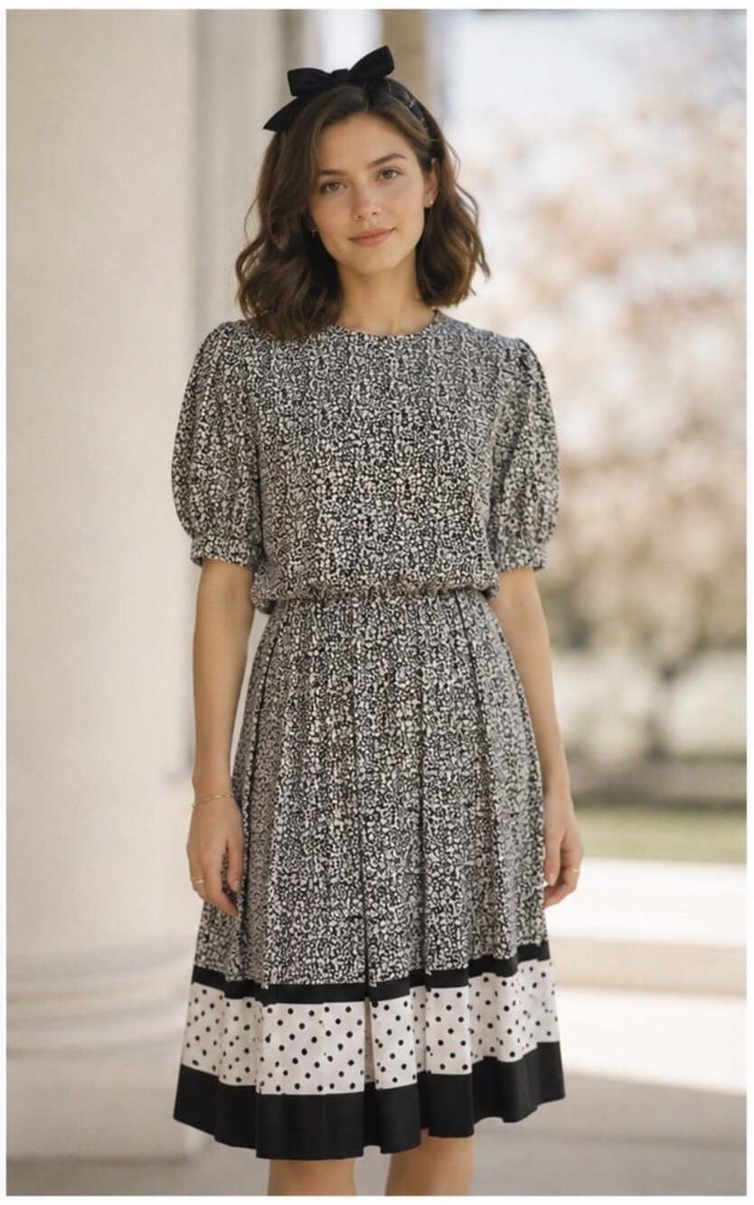 VTG 80s Carriage Court Dress Black White Cottagecore Prairie Retro Classic 12
